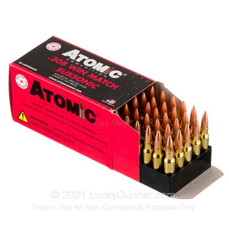 Atomic Match Ammunition 308 Winchester Subsonic 175 Grain Sierra MatchKing Hollow Point Boat Tail Box of 100