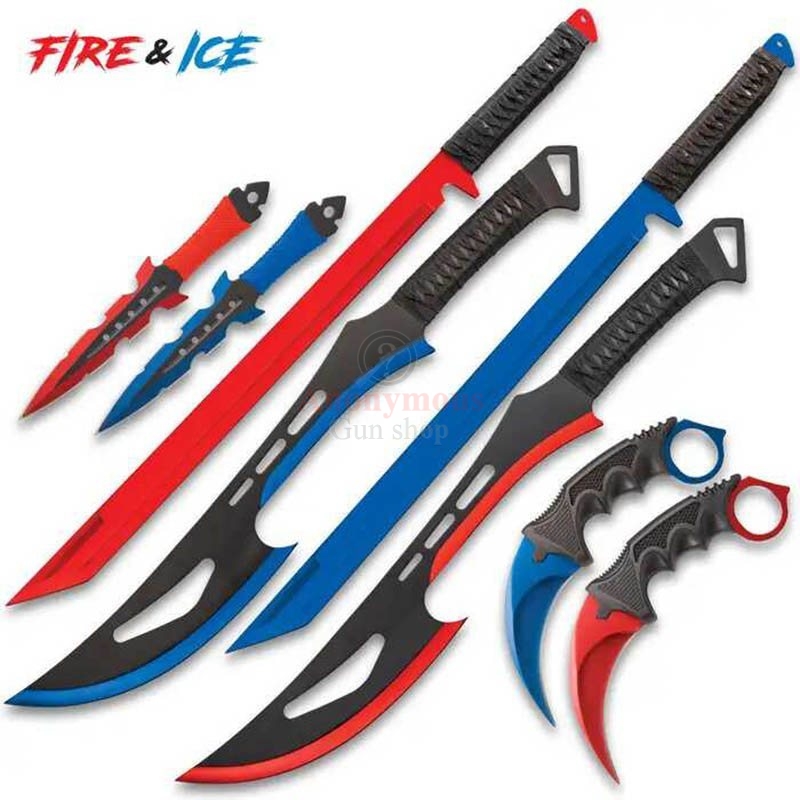 Fire And Ice Battle Set - Stainless Steel Blades, TPE Karambit Handle, Cord-Wrapped Sword Handles